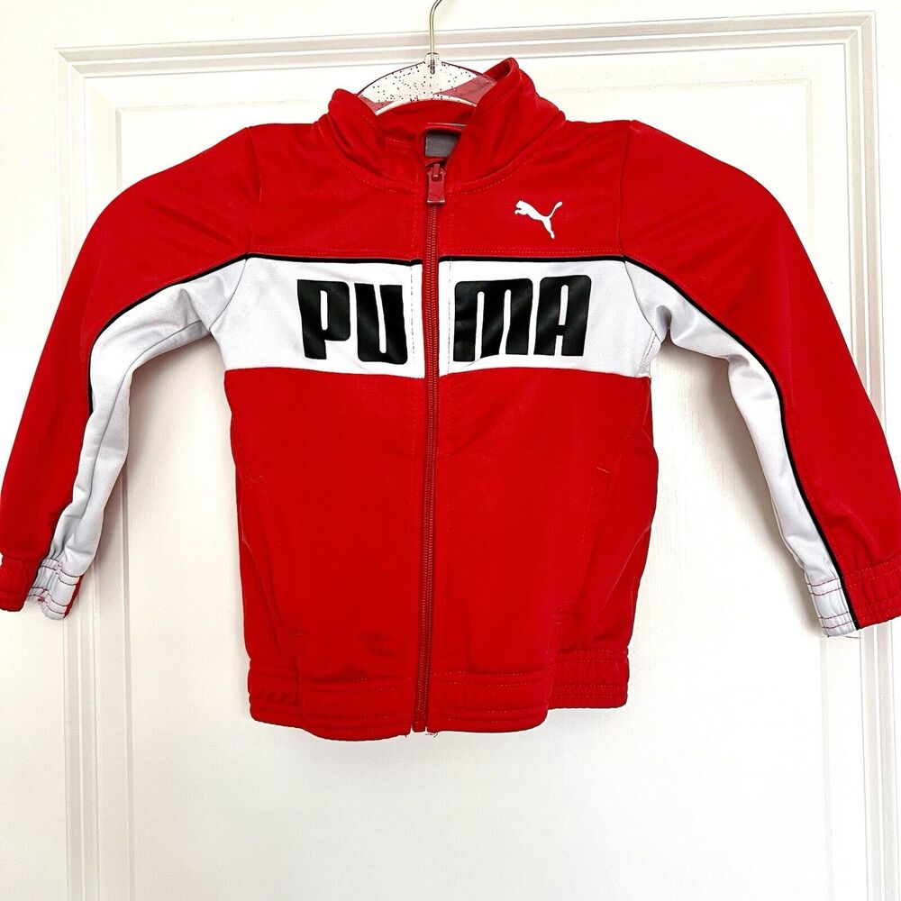 Puma Track Jacket Boys 3T Red White Full Zip Logo Kids Toddler Coat Spell Out